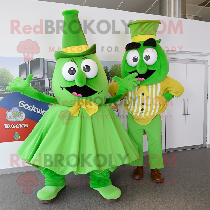 Green Goulash mascot costume character dressed with a A-Line Dress and Bow ties