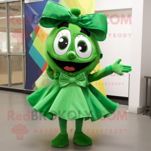 Green Goulash mascot costume character dressed with a A-Line Dress and Bow ties