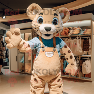 Tan Jaguar mascot costume character dressed with a Dungarees and Tote bags