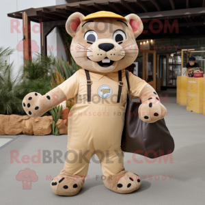 Tan Jaguar mascot costume character dressed with a Dungarees and Tote bags