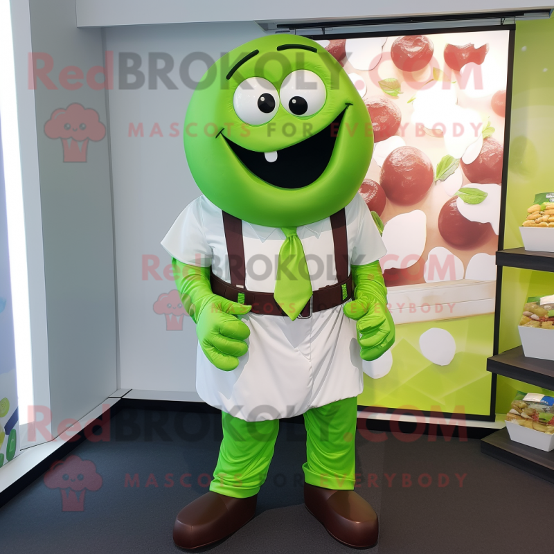 Lime Green Chocolates mascot costume character dressed with a Poplin Shirt and Belts