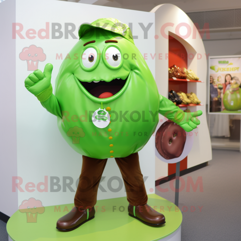 Lime Green Chocolates mascot costume character dressed with a Poplin Shirt and Belts Lime Green Chocolates mascot costume character dressed with a Poplin Shirt and Belts