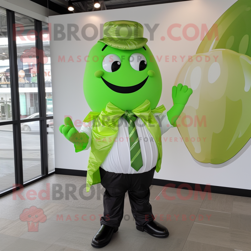 Lime Green Chocolates mascot costume character dressed with a Poplin Shirt and Belts Lime Green Chocolates mascot costume character dressed with a Poplin Shirt and Belts