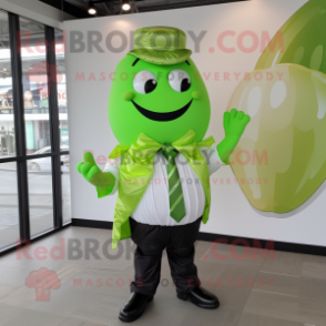 Lime Green Chocolates mascot costume character dressed with a Poplin Shirt and Belts