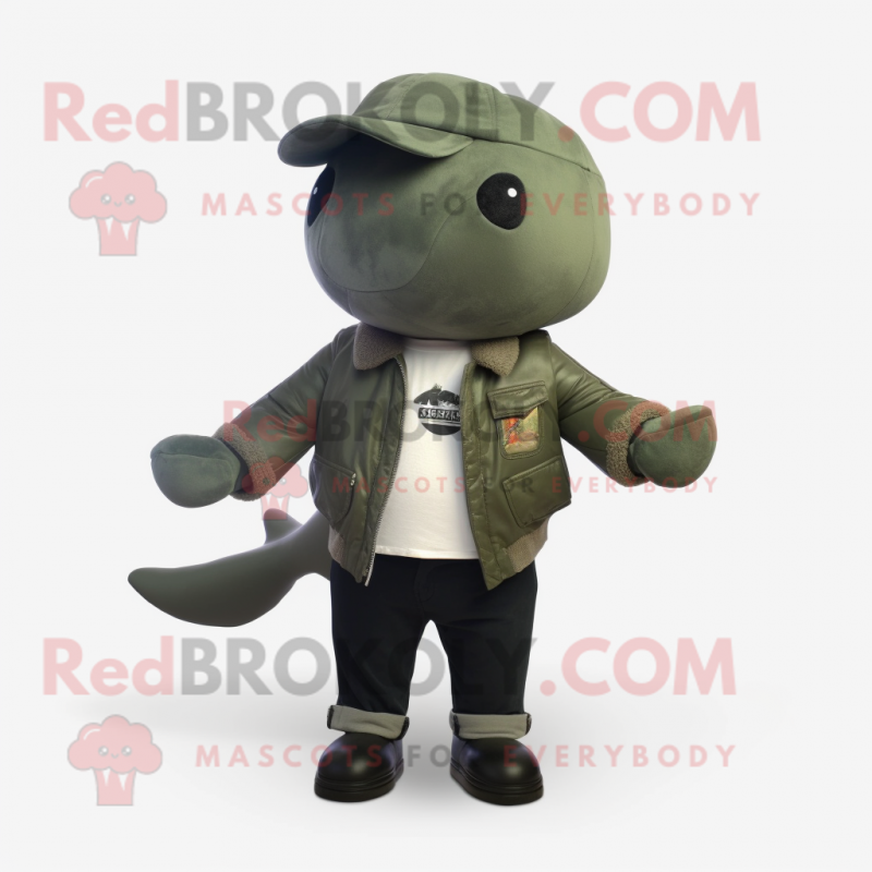 Olive Whale mascot costume character dressed with a Leather Jacket and Hair clips Olive Whale mascot costume character dressed with a Leather Jacket and Hair clips