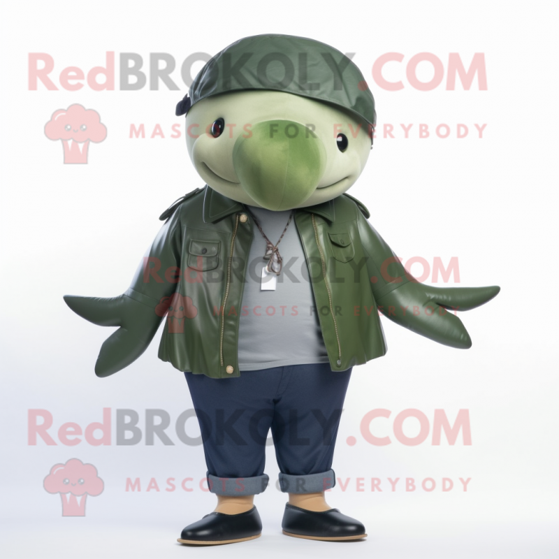 Olive Whale mascot costume character dressed with a Leather Jacket and Hair clips Olive Whale mascot costume character dressed with a Leather Jacket and Hair clips