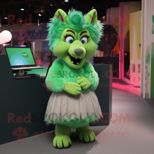 Green Hyena mascot costume character dressed with a A-Line Skirt and Clutch bags