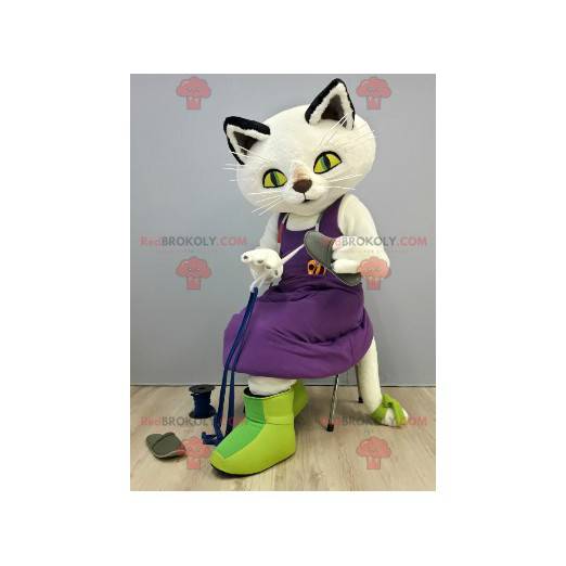 Vit kattmaskot med en lila klänning - Redbrokoly.com