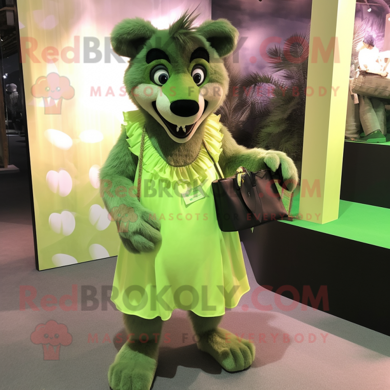 Green Hyena mascot costume character dressed with a A-Line Skirt and Clutch bags