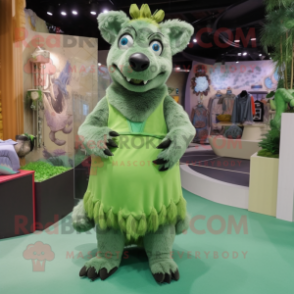 Green Hyena mascot costume character dressed with a A-Line Skirt and Clutch bags