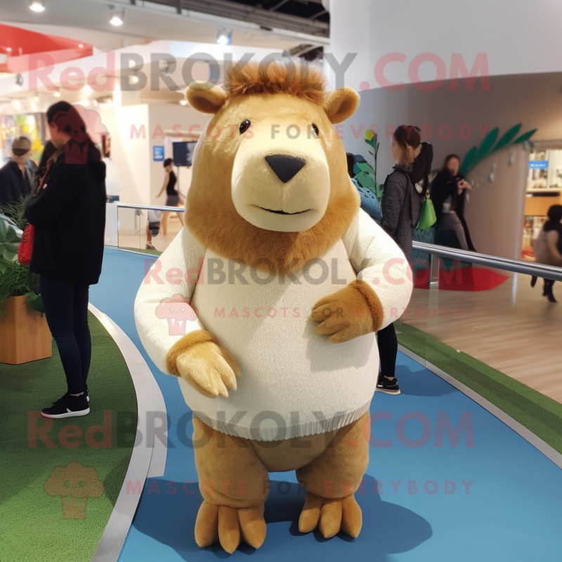 Cream Capybara mascot costume character dressed with a Sweater and Earrings