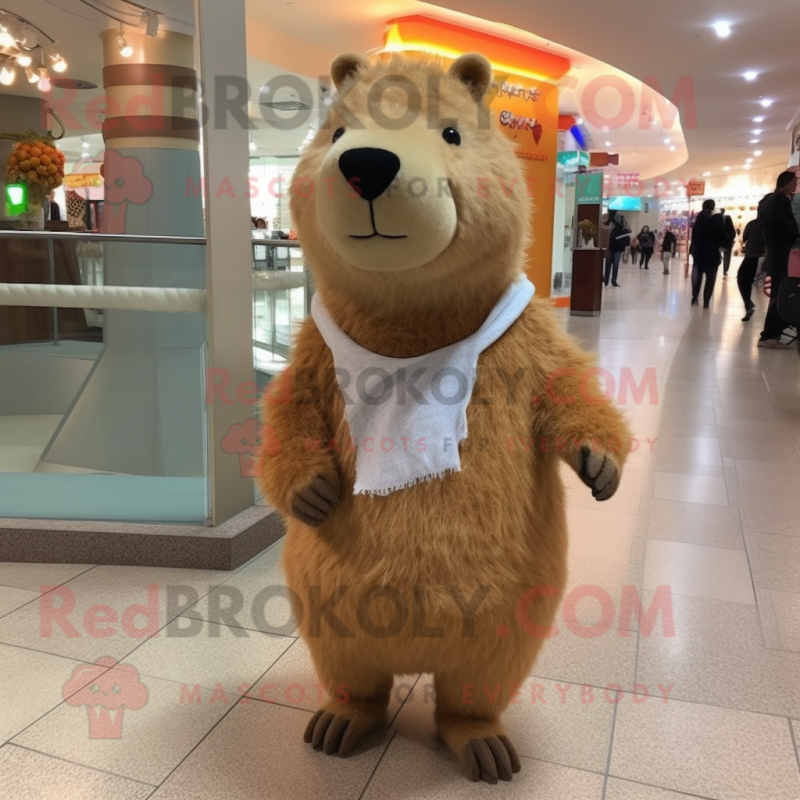 Cream Capybara mascot costume character dressed with a Sweater and Earrings