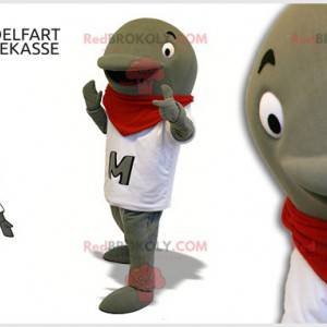 Gray dolphin mascot with a white t-shirt and a scarf -