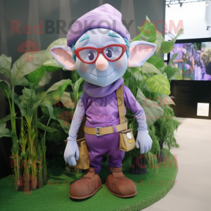 Lavender Elf mascot costume character dressed with a Cargo Shorts and Eyeglasses