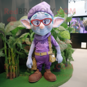 Lavender Elf mascot costume character dressed with a Cargo Shorts and Eyeglasses