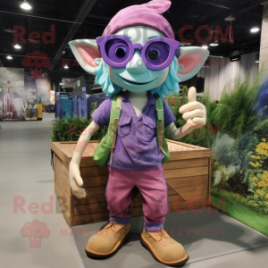 Lavender Elf mascot costume character dressed with a Cargo Shorts and Eyeglasses