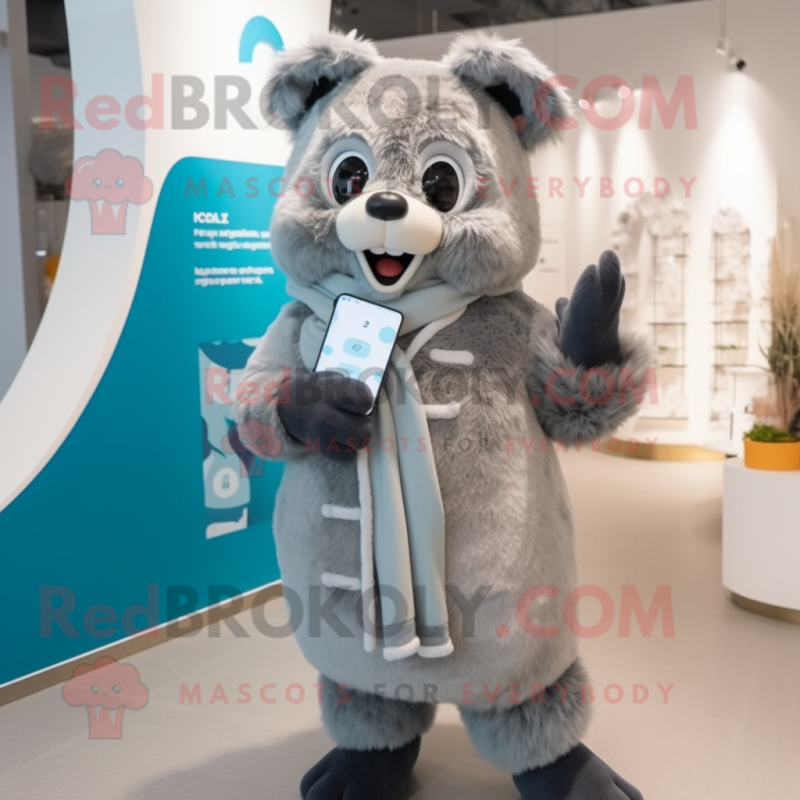 Gray Phone mascot costume character dressed with a Parka and Scarves Gray Phone mascot costume character dressed with a Parka and Scarves