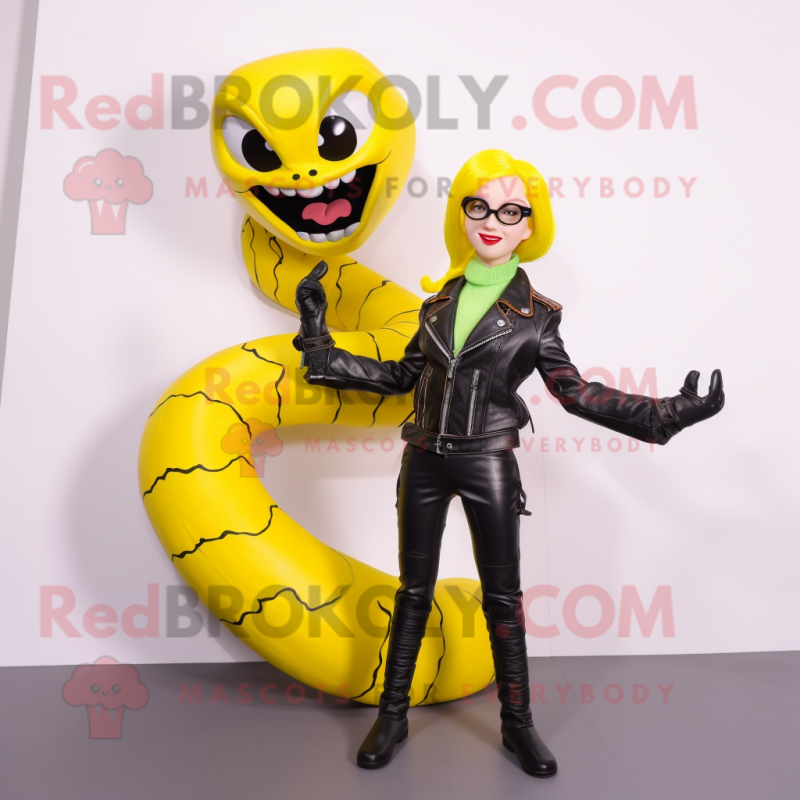 Lemon Yellow Snake mascot costume character dressed with a Biker Jacket and Hair clips