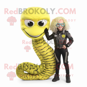 Lemon Yellow Snake mascot costume character dressed with a Biker Jacket and Hair clips