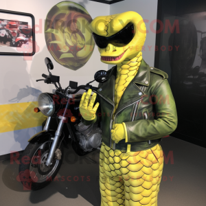 Lemon Yellow Snake mascot costume character dressed with a Biker Jacket and Hair clips