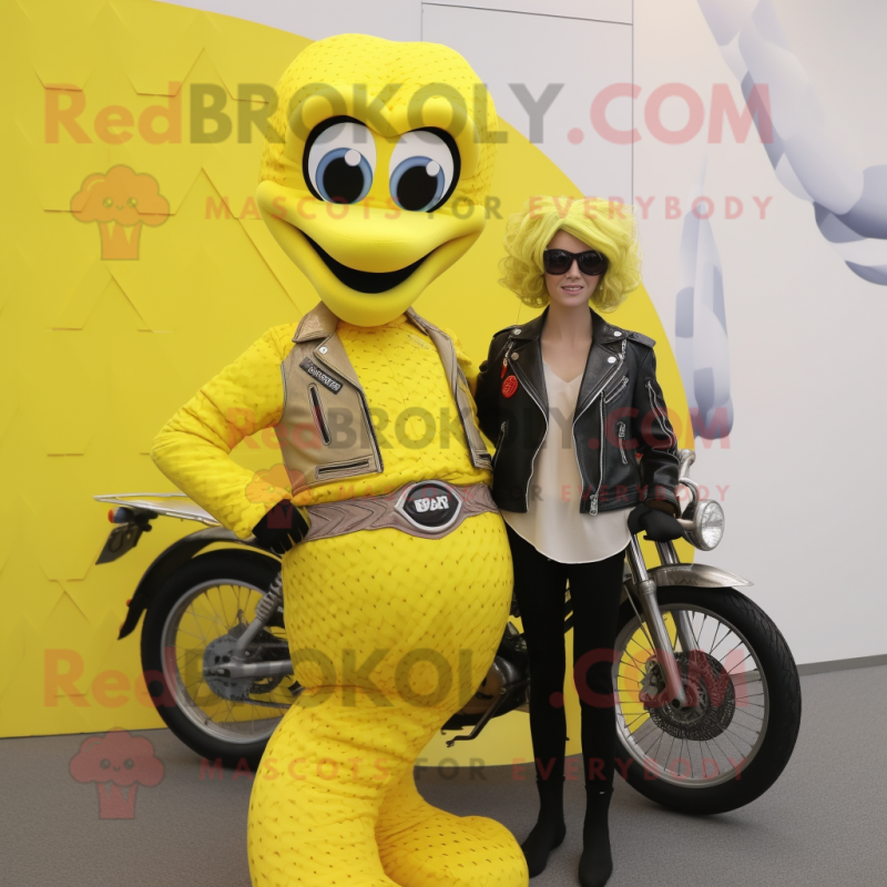 Lemon Yellow Snake mascot costume character dressed with a Biker Jacket and Hair clips Lemon Yellow Snake mascot costume character dressed with a Biker Jacket and Hair clips