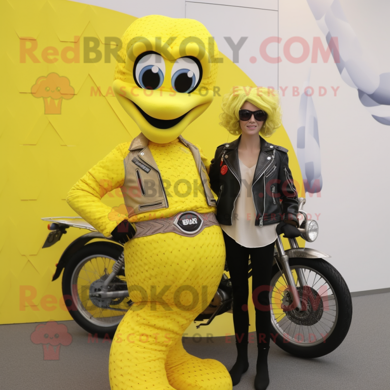 Lemon Yellow Snake mascot costume character dressed with a Biker Jacket and Hair clips