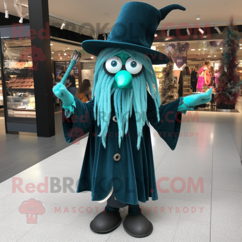 Teal Witch mascot costume character dressed with a Trousers and Shoe laces Teal Witch mascot costume character dressed with a Trousers and Shoe laces