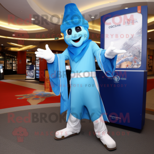 Sky Blue Magician mascot costume character dressed with a Capri Pants and Headbands