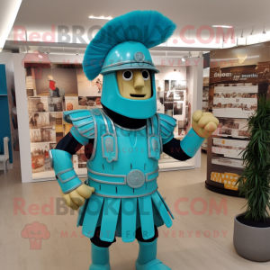 Turquoise Roman Soldier mascot costume character dressed with a Henley Shirt and Shoe clips