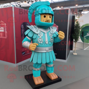 Turquoise Roman Soldier mascot costume character dressed with a Henley Shirt and Shoe clips