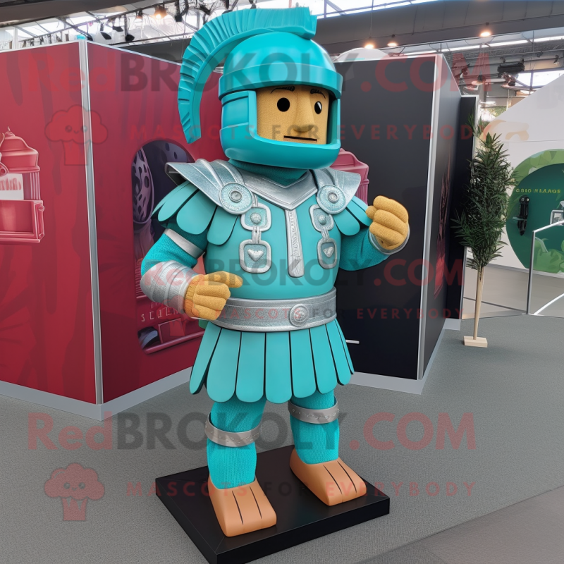 Turquoise Roman Soldier mascot costume character dressed with a Henley Shirt and Shoe clips