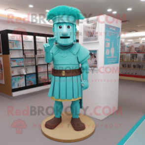 Turquoise Roman Soldier mascot costume character dressed with a Henley Shirt and Shoe clips