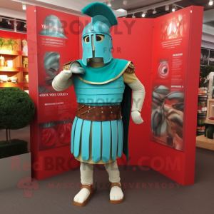 Turquoise Roman Soldier mascot costume character dressed with a Henley Shirt and Shoe clips