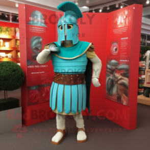 Turquoise Roman Soldier mascot costume character dressed with a Henley Shirt and Shoe clips