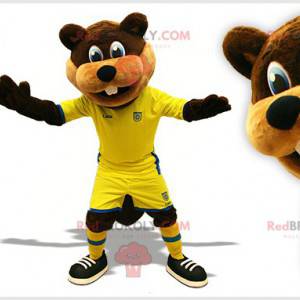 Brown beaver mascot in yellow and blue sportswear -