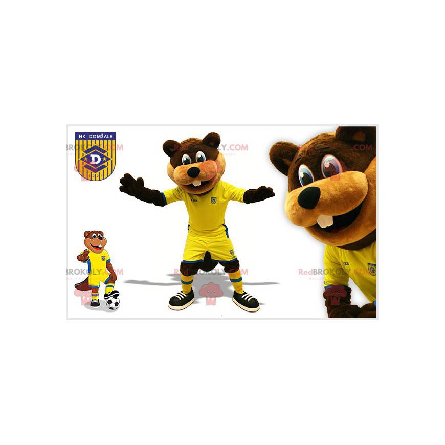 Mascotte castoro marrone in abbigliamento sportivo giallo e blu