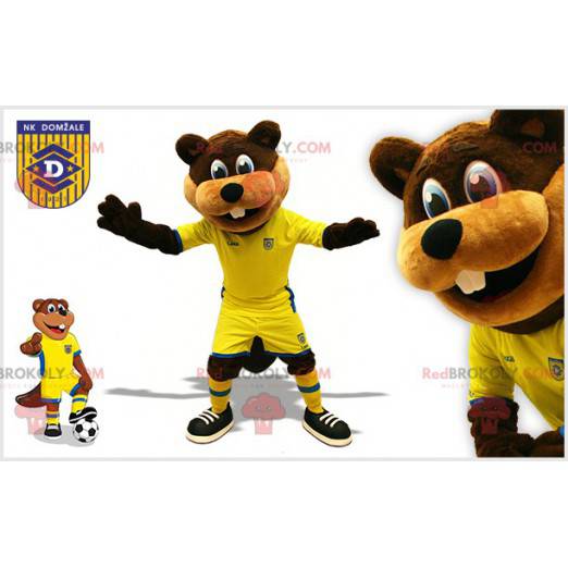 Brown beaver mascot in yellow and blue sportswear -