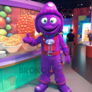 Purple Candy Box mascot costume character dressed with a Jumpsuit and Necklaces