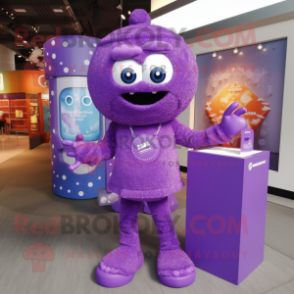 Purple Candy Box mascot costume character dressed with a Jumpsuit and Necklaces