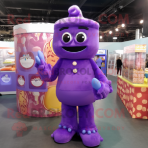 Purple Candy Box mascot costume character dressed with a Jumpsuit and Necklaces