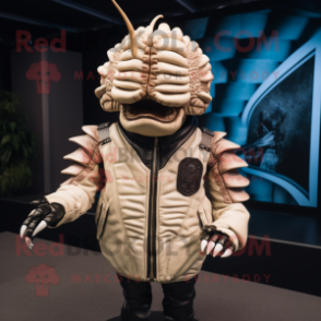 Cream Trilobite mascot costume character dressed with a Leather Jacket and Bracelets