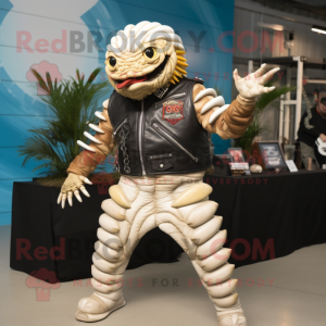 Cream Trilobite mascot costume character dressed with a Leather Jacket and Bracelets