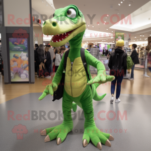 Green Coelophysis mascot costume character dressed with a Joggers and Clutch bags