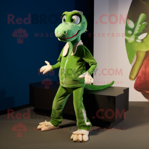 Green Coelophysis mascot costume character dressed with a Joggers and Clutch bags