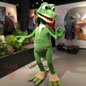 Green Coelophysis mascot costume character dressed with a Joggers and Clutch bags