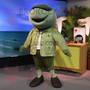 Olive Humpback Whale mascot costume character dressed with a Romper and Ties