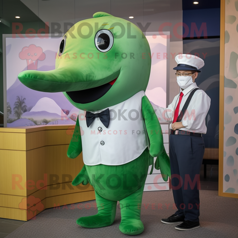 Olive Humpback Whale mascot costume character dressed with a Romper and Ties