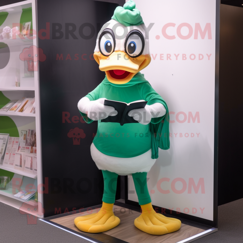 Green Muscovy Duck mascot costume character dressed with a Yoga Pants and Reading glasses