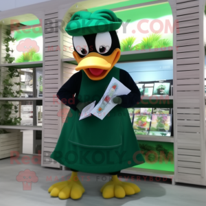 Green Muscovy Duck mascot costume character dressed with a Yoga Pants and Reading glasses