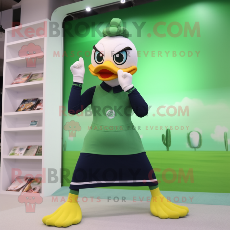 Green Muscovy Duck mascot costume character dressed with a Yoga Pants and Reading glasses